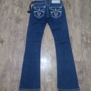 Rock Revival Women's 26 Bootcut Celine Bejeweled Faux Leather Flap Pockets NWOT